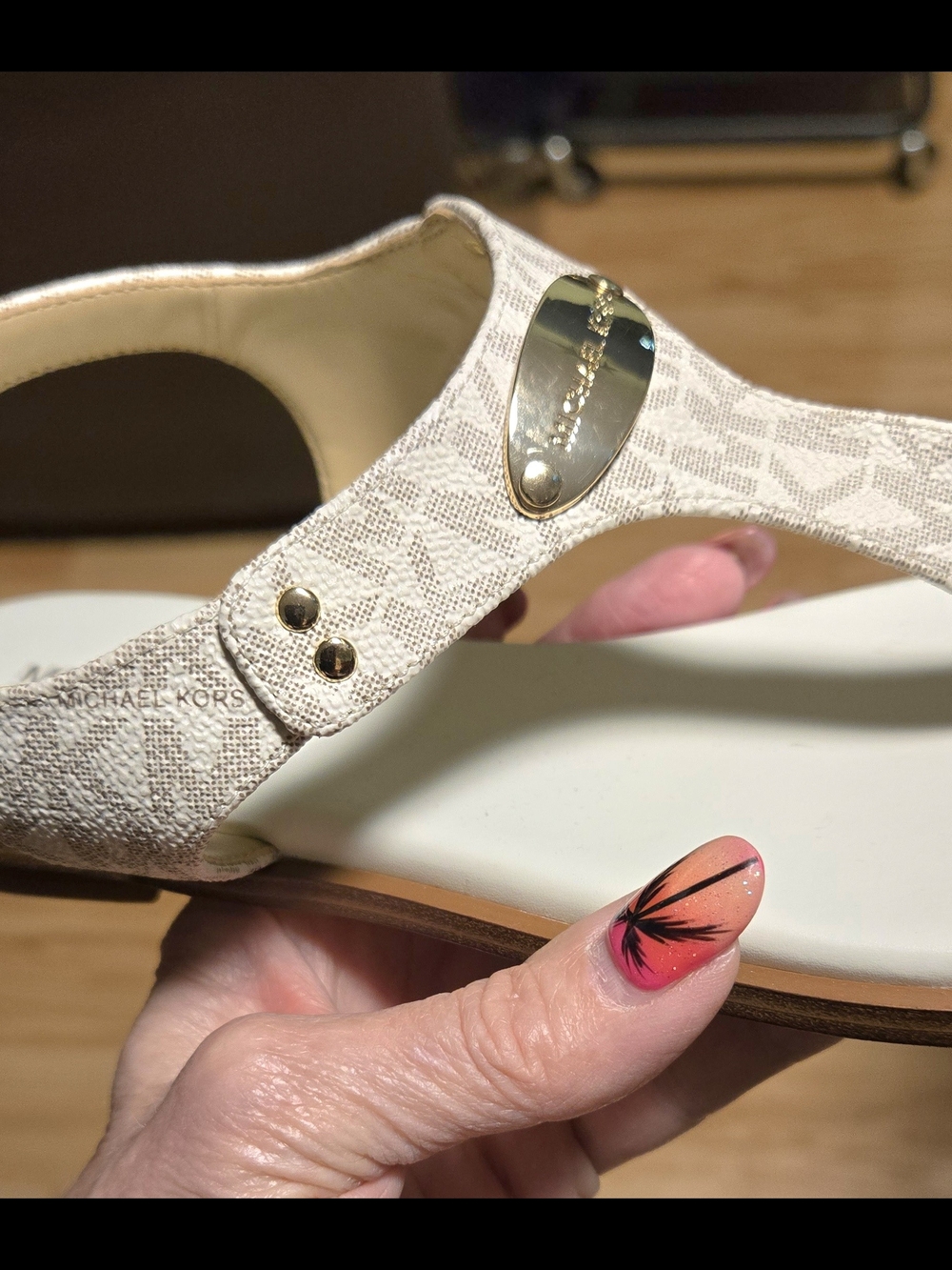 Michael Kors Beige Signature Monogram T-Strap Sandals with Gold Logo - Picture 3 of 6